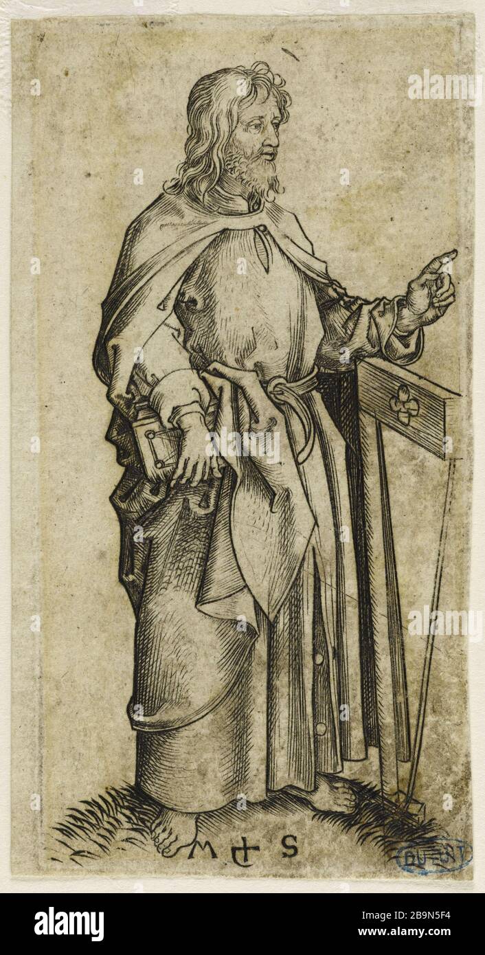 Dodici apostoli: Matteo (Bartsch 41) Martin Schongauer (vers 1450-1495). Les douzes apôtres : Saint Matthieu (Bartsch 41). Gravure (burin), 1480-1485. Musée des Beaux-Arts de la Ville de Paris, Petit Palais. Foto Stock