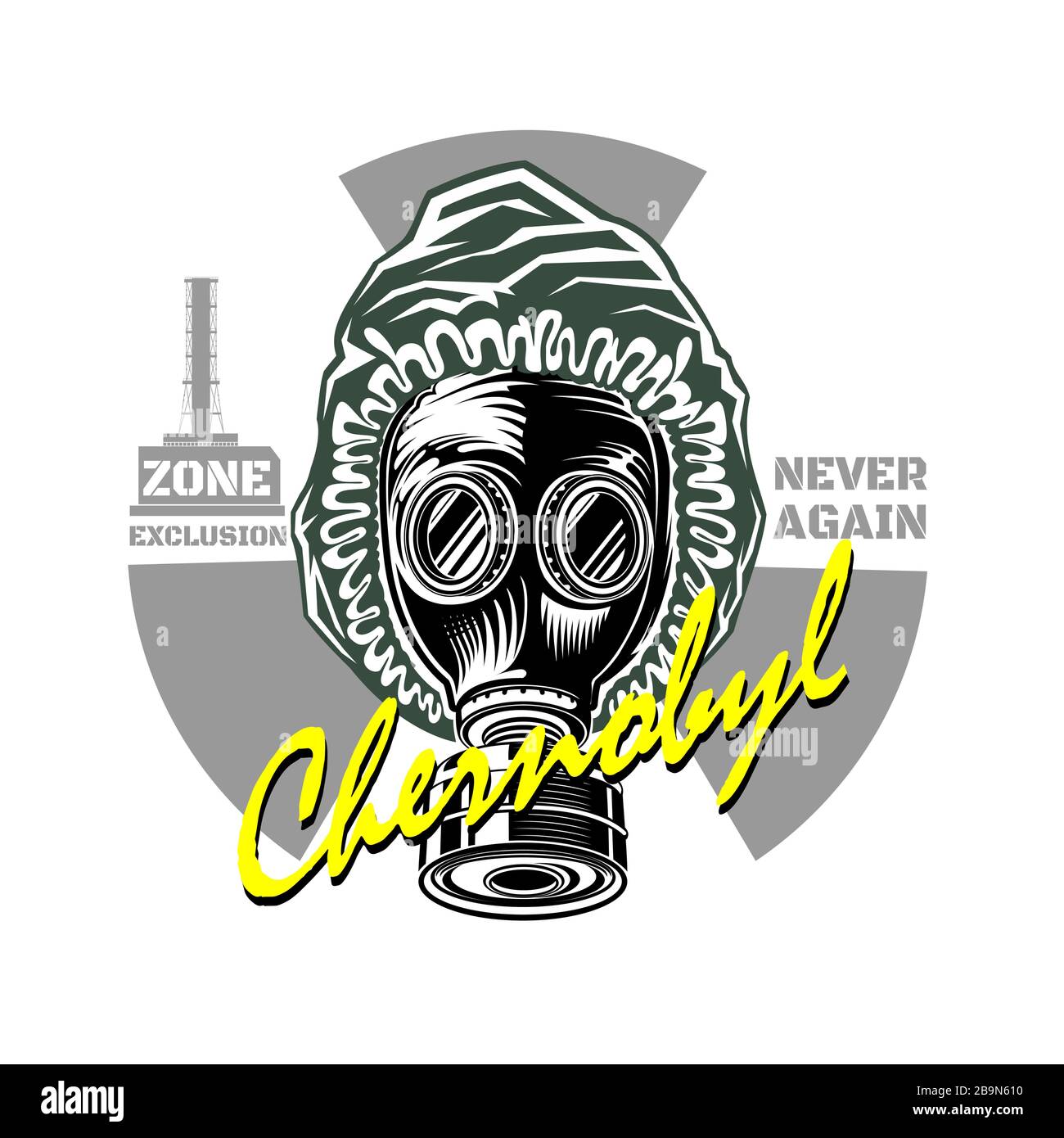 Cernobyl. Maschera a gas del periodo URSS all'interno della tuta di protezione chimica al centro del filo spinato ovale. Zona di esclusione. Illustrazione Vettoriale