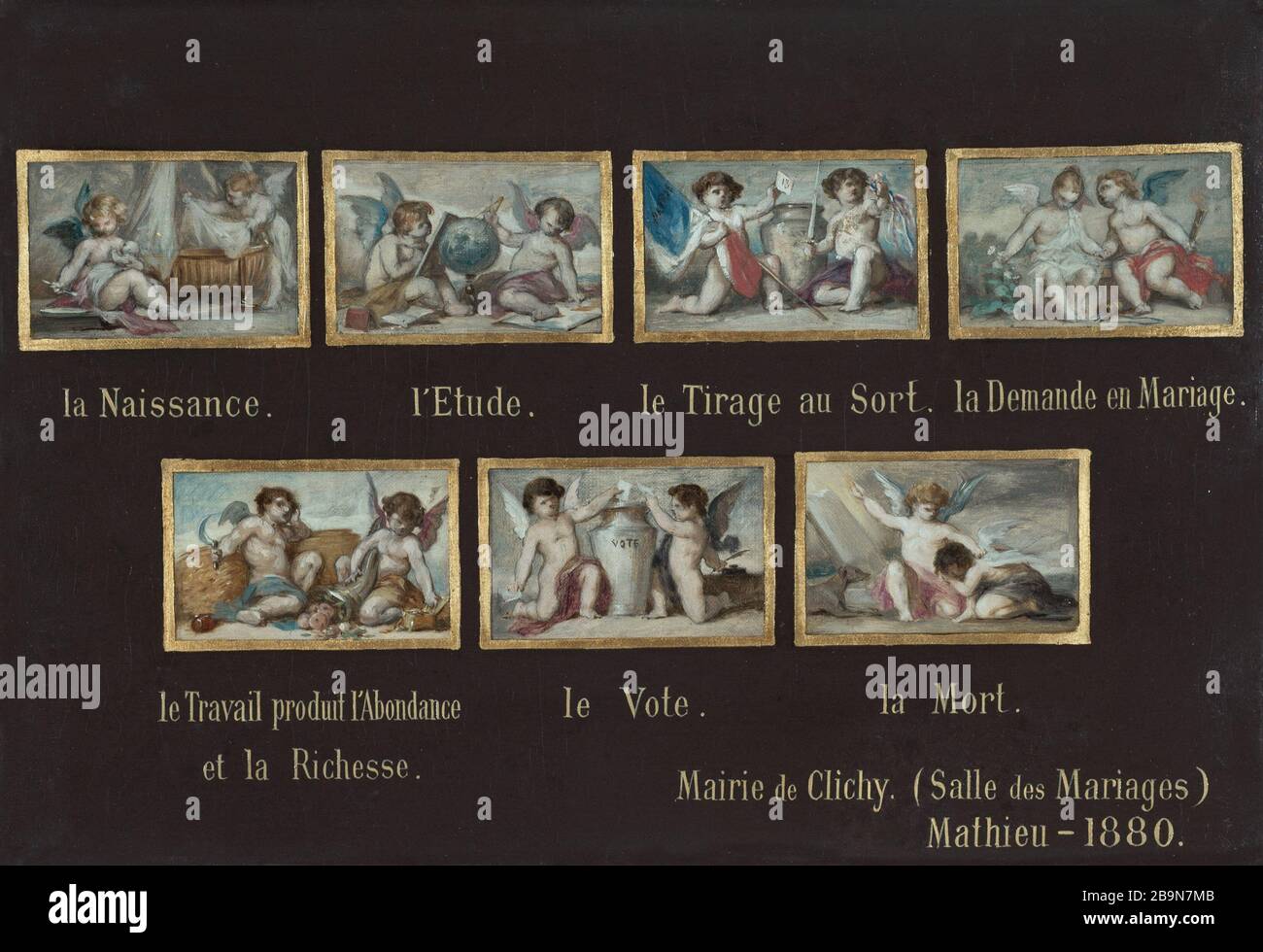 Schizzo per il sindaco di Clichy: Allegorie di vita dei cittadini Oscar-Pierre Mathieu (1845-1881). "Allégories de la vie du citoyen". Esquisse pour la mairie de Clichy. Huile sur toile, 1880. Musée des Beaux-Arts de la Ville de Paris, Petit Palais. Foto Stock