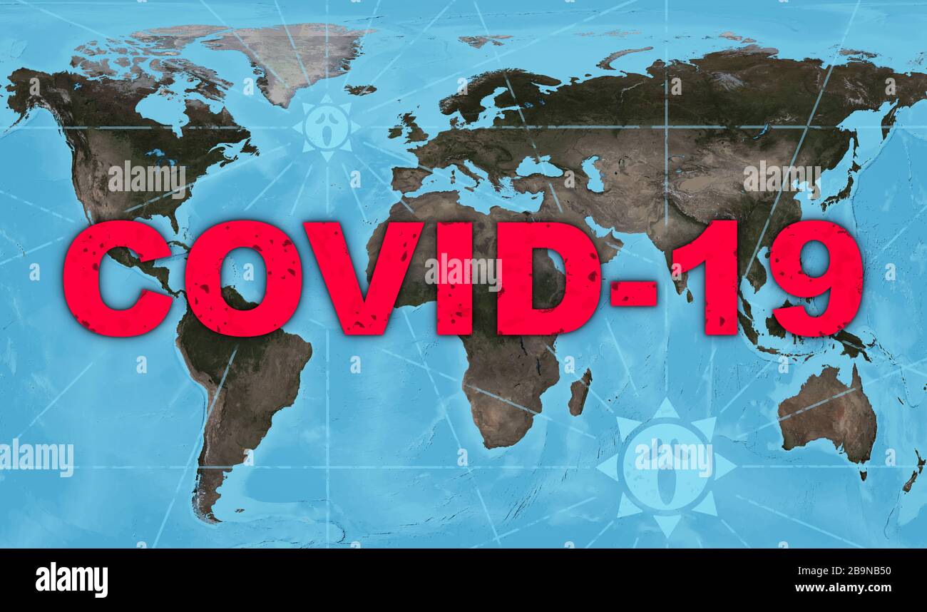 COVID-19 coronavirus pandemico, nome COVID-19 sulla mappa globale. Il virus della corona SARS-cov-2 si diffonde intorno al pianeta. Crisi mondiale a causa dell'epidemia di COVID19. Eleme Foto Stock