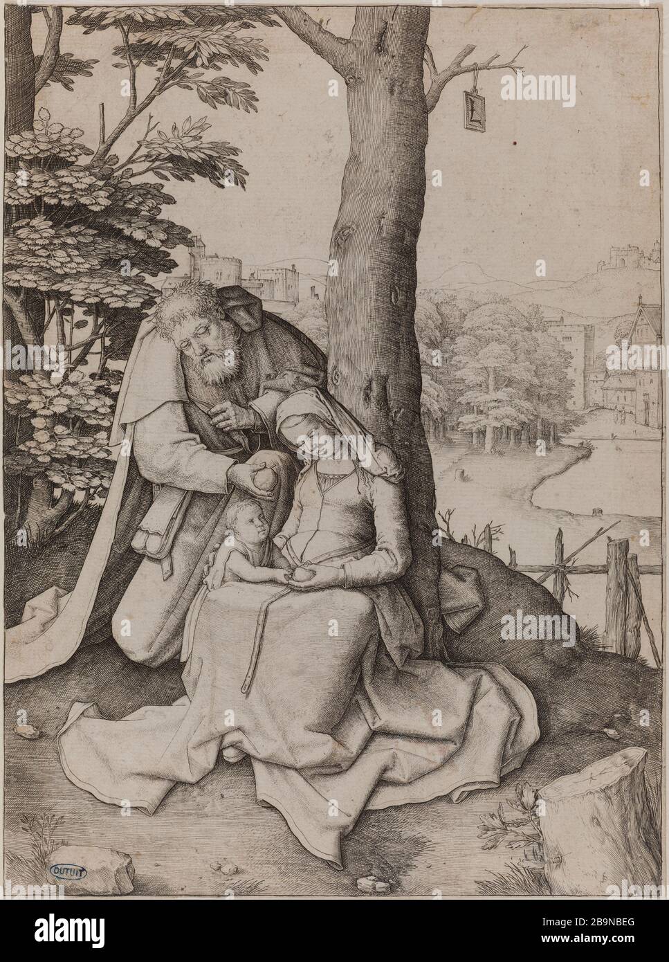 La Sacra Famiglia (Bartsch 85) Lucas de Leyde. La Sainte Famille (Bartsch 85). Burin. 1508. Musée des Beaux-Arts de la Ville de Paris, Petit Palais. Foto Stock