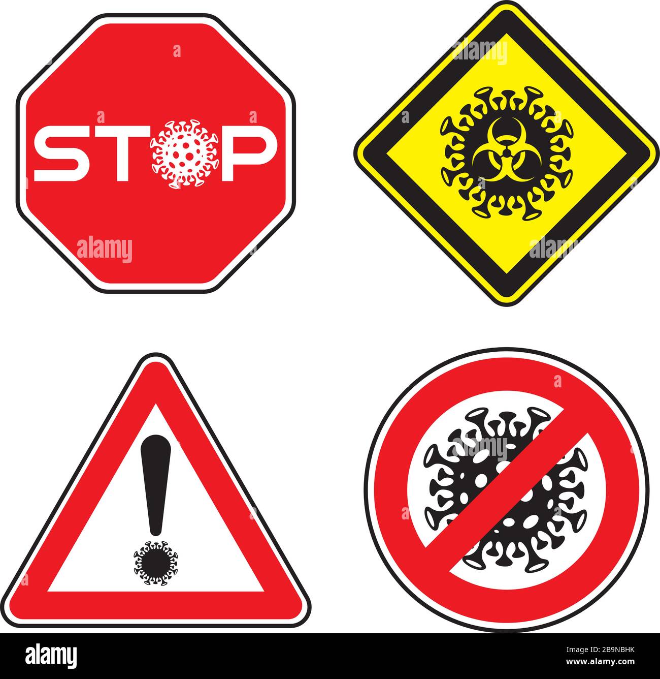 Set di segnaletica stradale con simbolo del virus corona. Stop Covid-19 Concept Vector Illustration. Illustrazione Vettoriale