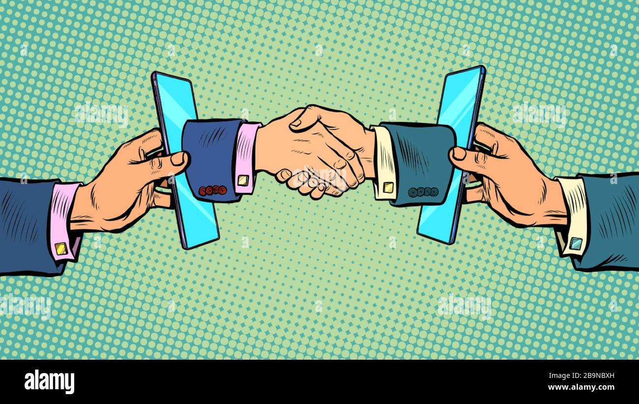 smartphone per la comunicazione online aziendale handshake deal Illustrazione Vettoriale