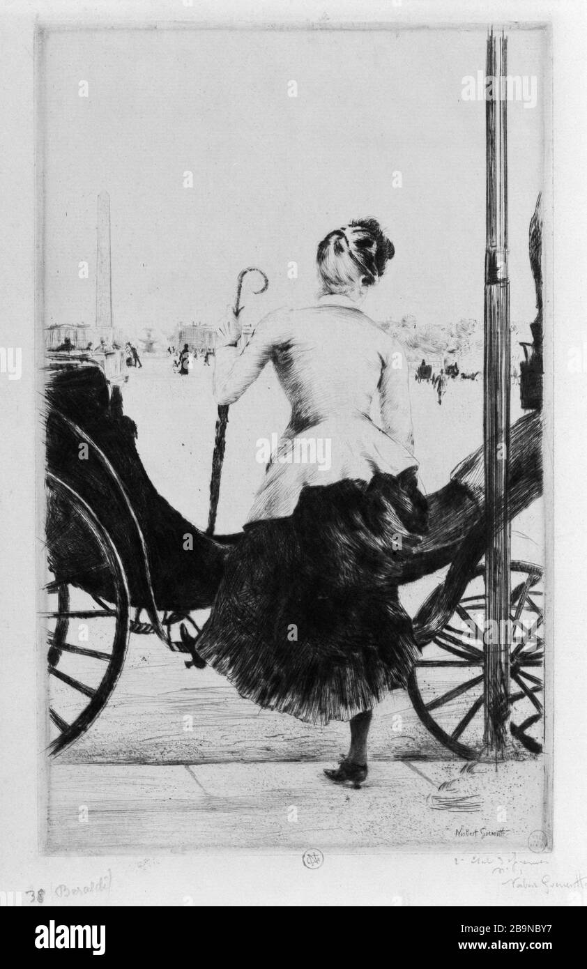 DONNE IMPORTO IN AUTO LUOGO DI CONCORDE NORBERT GOENEUTTE (1854-1894). 'Femme montant en voiture Place de la Concorde'. Gravure (eau-forte). Parigi, musée Carnavalet. Foto Stock