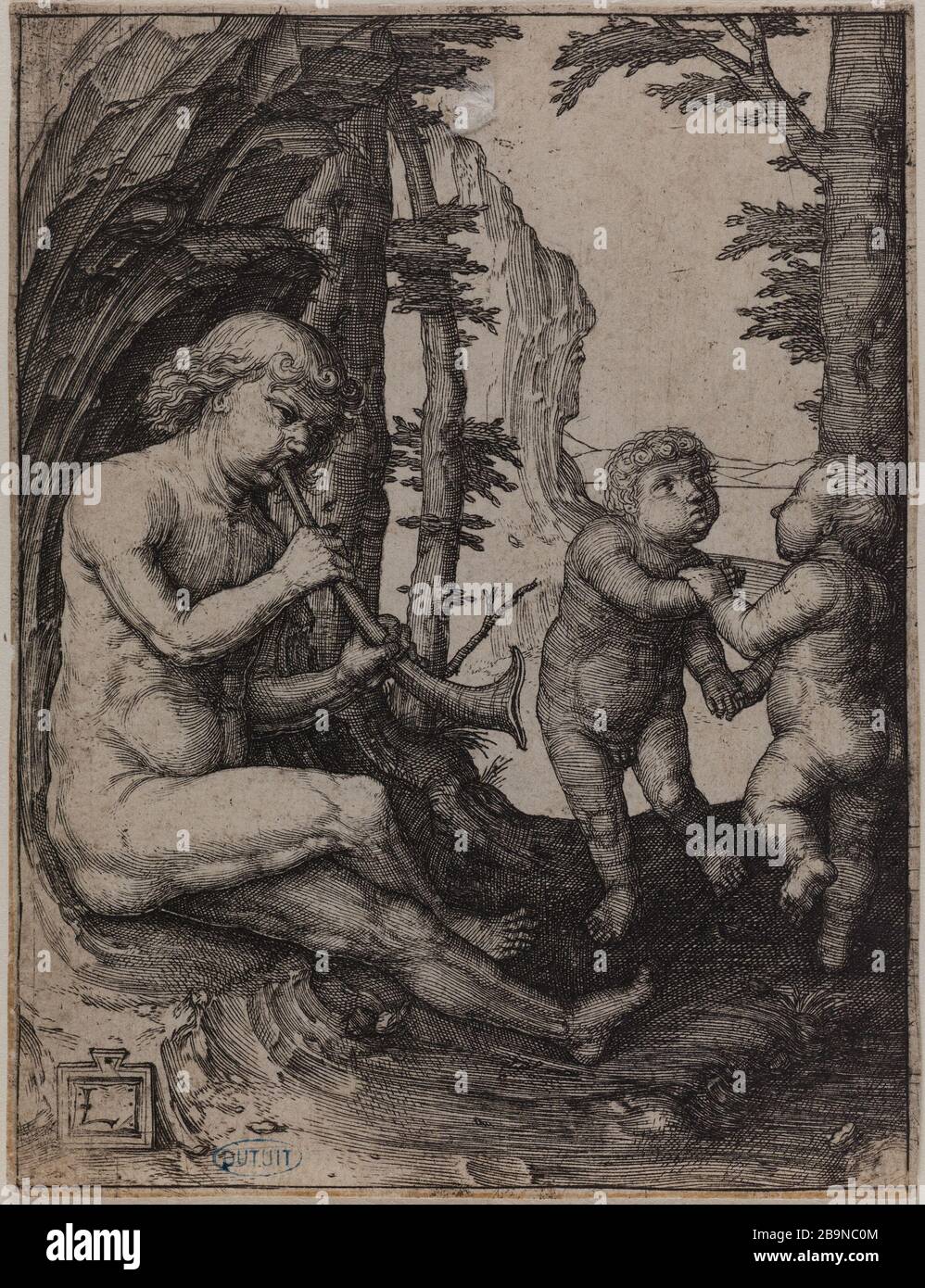 Il ragazzo sulla tromba (Bartsch 152) Lucas de Leyde (1494-1533). Le Garçon à la trompette (Bartsch 152). Burin. 1508. Musée des Beaux-Arts de la Ville de Paris, Petit Palais. Foto Stock