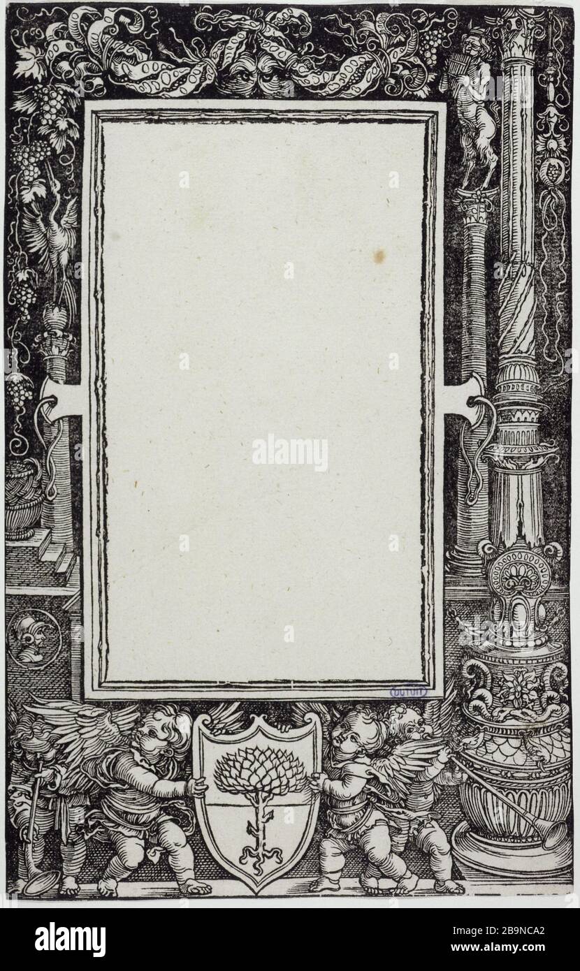 BORDO CON IL TESTO PUTTI BRACCI PORTANTI PICKHEIMER HOLLSTEIN 281 ALBRECHT DÜRER (1471-1528). "Bordure de texte avec des Putti portant les armes de Pickheimer Hollstein 281". Gravure sur bois, vers 1501. Musée des Beaux-Arts de la Ville de Paris, Petit Palais. Foto Stock