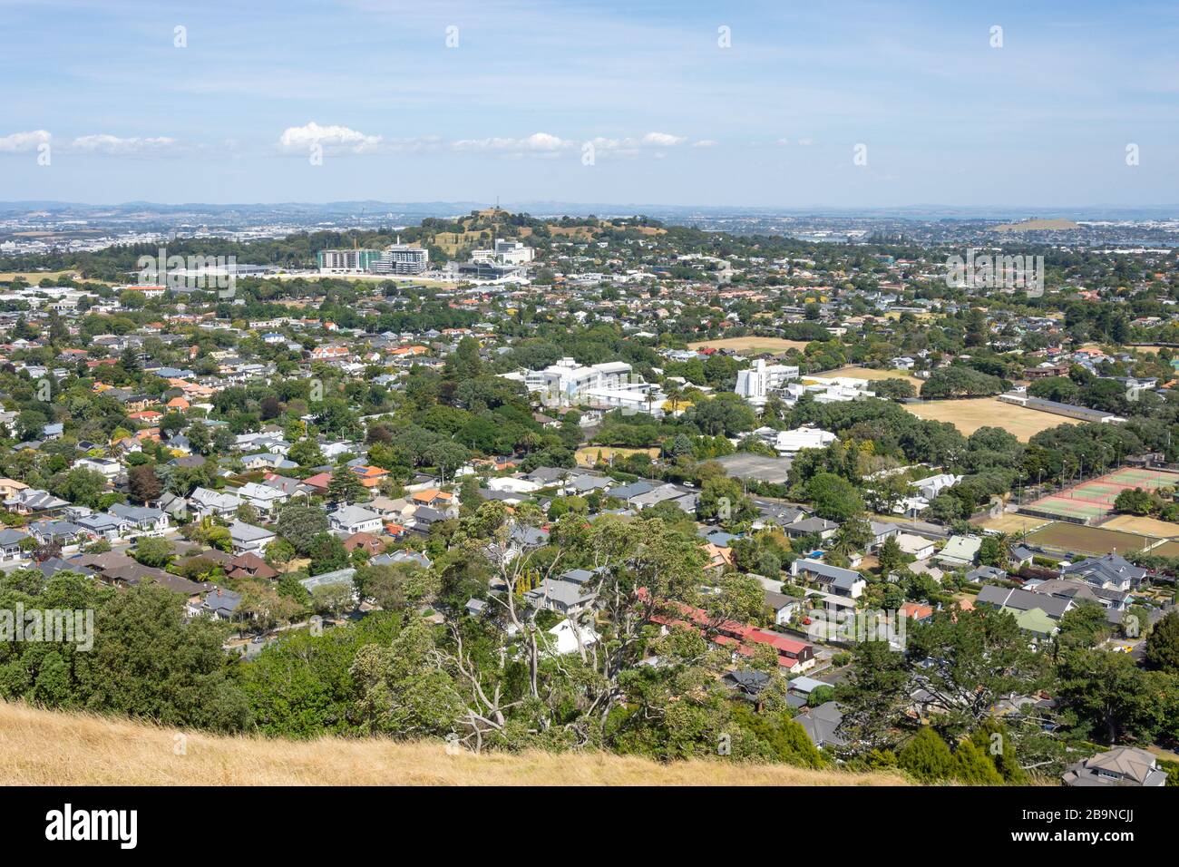 Vista di One Tree Hill e del sobborgo di Epsom dalla cima del Monte Eden (Maungawhau), dal Monte Eden, Auckland, Nuova Zelanda Foto Stock