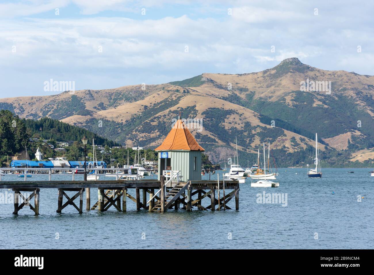 Dalys Wharf, French Bay, Akaroa, Banks Peninsula, Canterbury Region, Nuova Zelanda Foto Stock