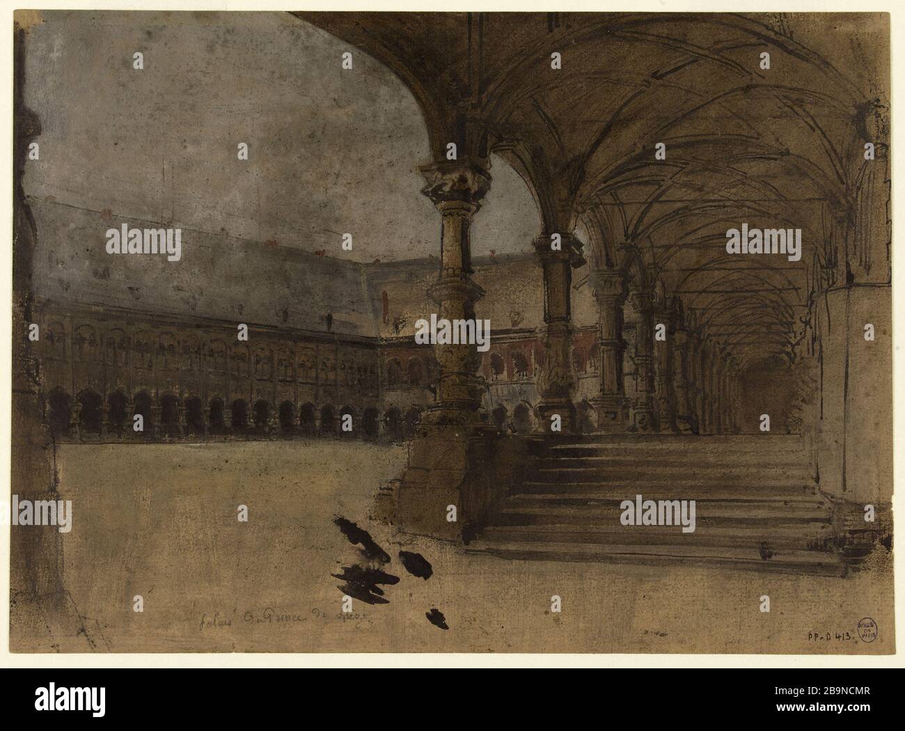 Un chiostro in un cortile del palazzo François Bonhommé (1809-1881). "Un cloître dans une cour de palais". Crayon grafite, encre de Chine et aquarelle sur papier. Musée des Beaux-Arts de la Ville de Paris, Petit Palais. Foto Stock