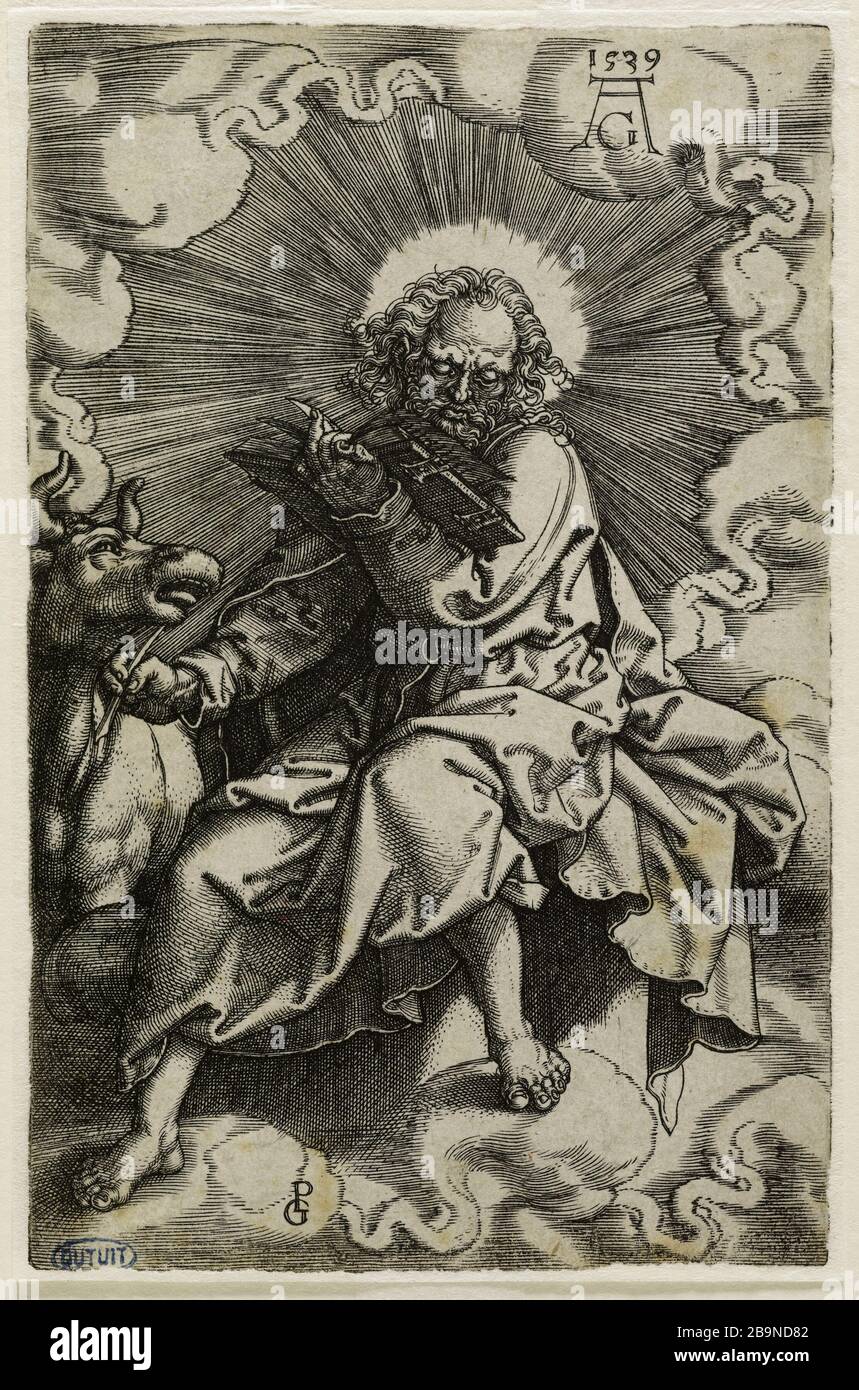 I quattro evangelisti di Georg Pencz: Luca (Hollstein 59) Georges Pencz (ou Jörg Pencz - V.1500/V1550). Les Quatre évangélistes d'après Georg Pencz : Saint Luc (Hollstein 59). Burin, 2e quart du Xvie siècle. Musée des Beaux-Arts de la Ville de Paris, Petit Palais. Foto Stock