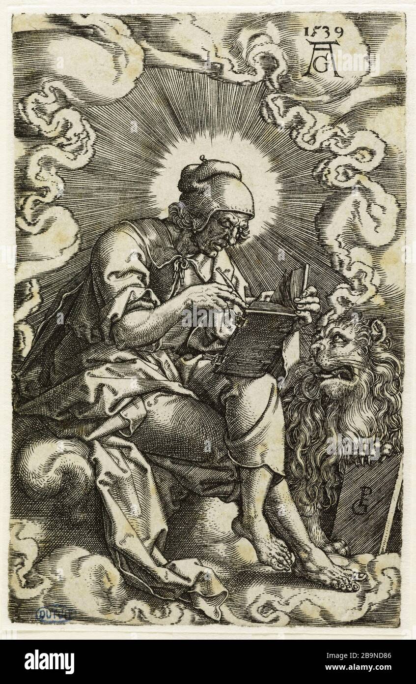 I quattro evangelisti secondo Gerog Pencz Saint Marc (Hollstein 58) Georges Pencz (ou Jörg Pencz - V.1500/V1550). Les Quatre évangélistes d'après Gerog Pencz : Saint Marc (Hollstein 58). Burin, 2e quart du Xvie siècle. Musée des Beaux-Arts de la Ville de Paris, Petit Palais. Foto Stock