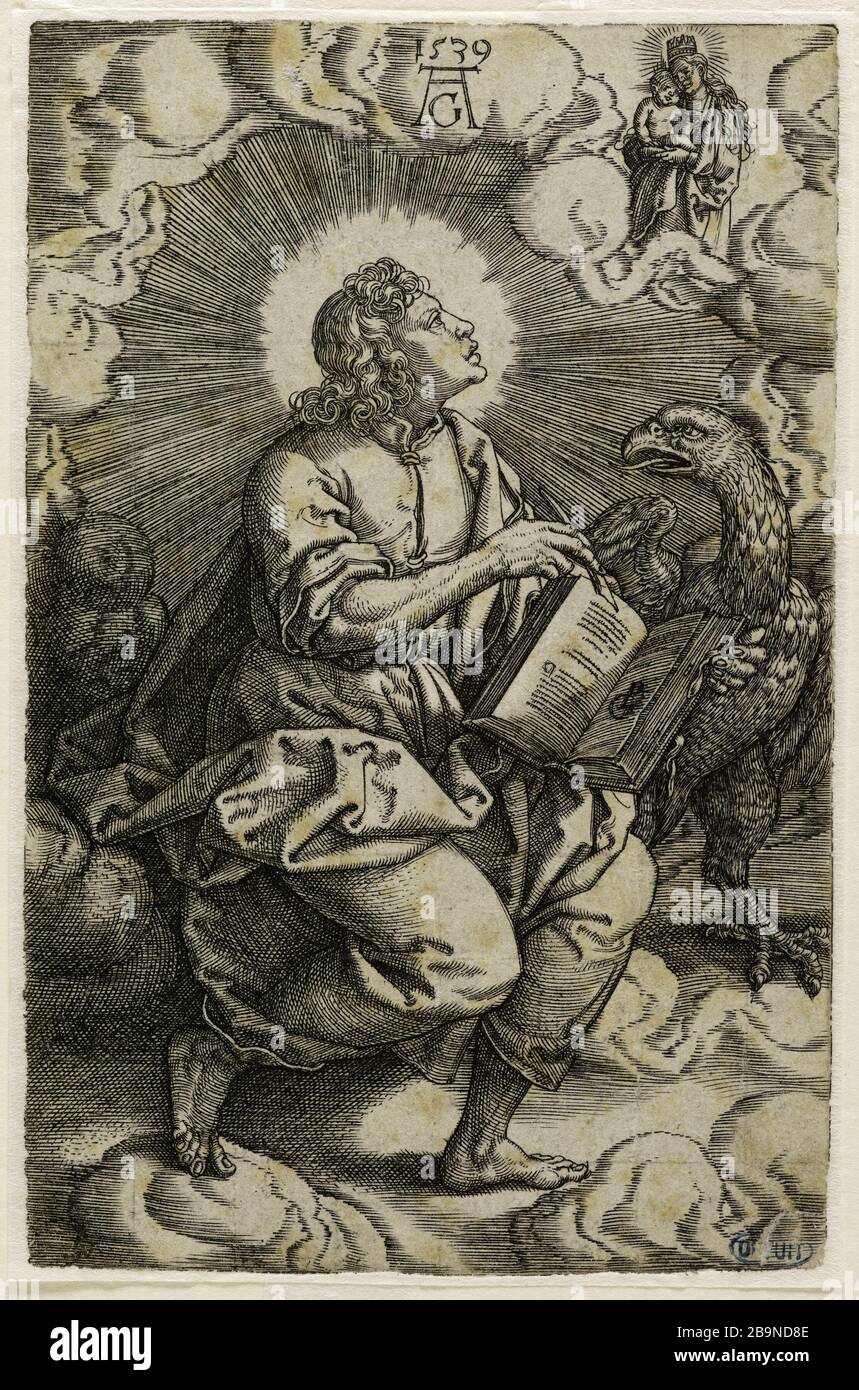 I quattro evangelisti di Georg Pencz San Giovanni (Hollstein 60) Georges Pencz (ou Jörg Pencz - V.1500/V1550). Les Quatre évangélistes d'après Georg Pencz : Saint Jean (Hollstein 60). Burin, 2e quart du Xvie siècle. Musée des Beaux-Arts de la Ville de Paris, Petit Palais. Foto Stock