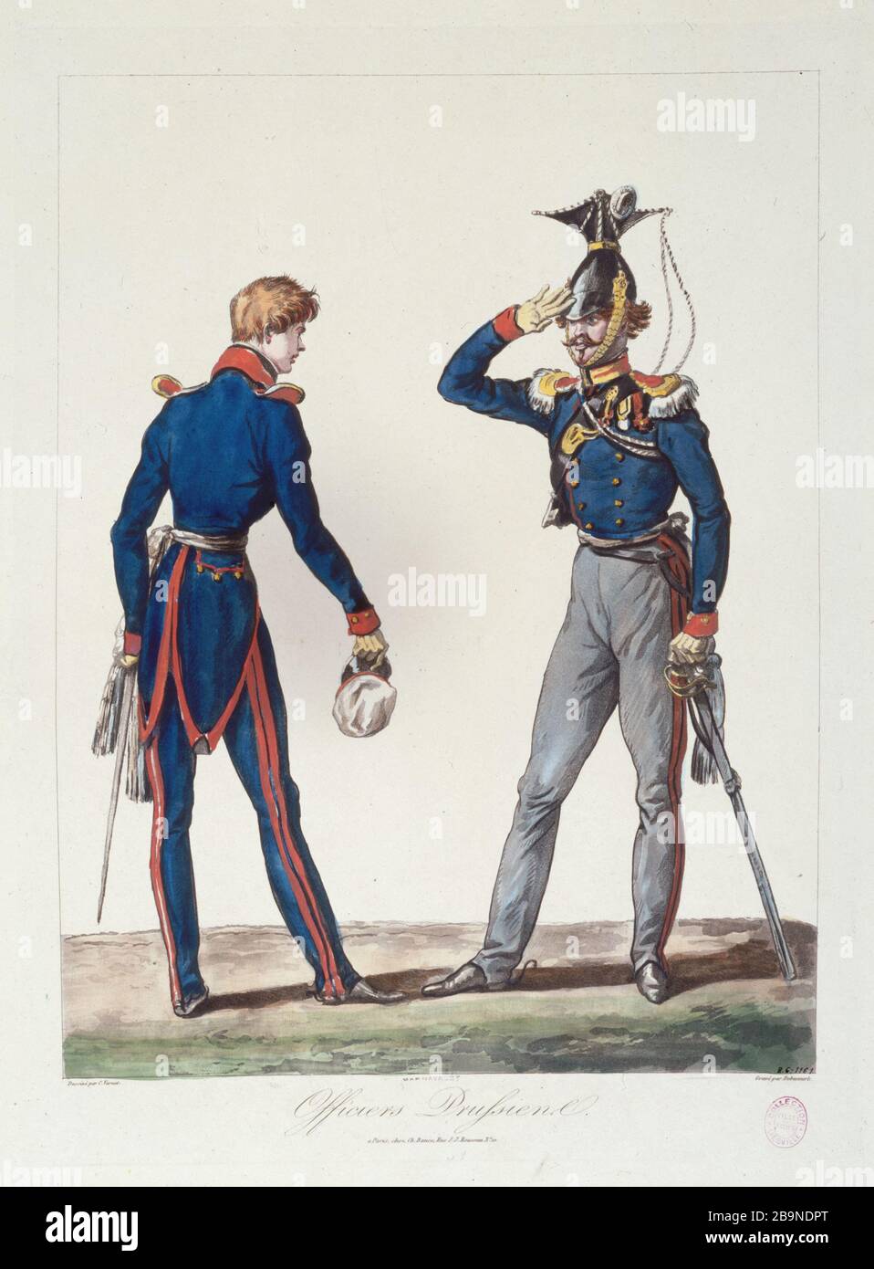 Ufficiali prussiani Philibert-Louis Debucourt (1755-1832), d'après Carle Vernet (1758-1836). "Officiers prussiens". Gravure (aquatinte coloriée), 1815. Parigi, musée Carnavalet. Foto Stock