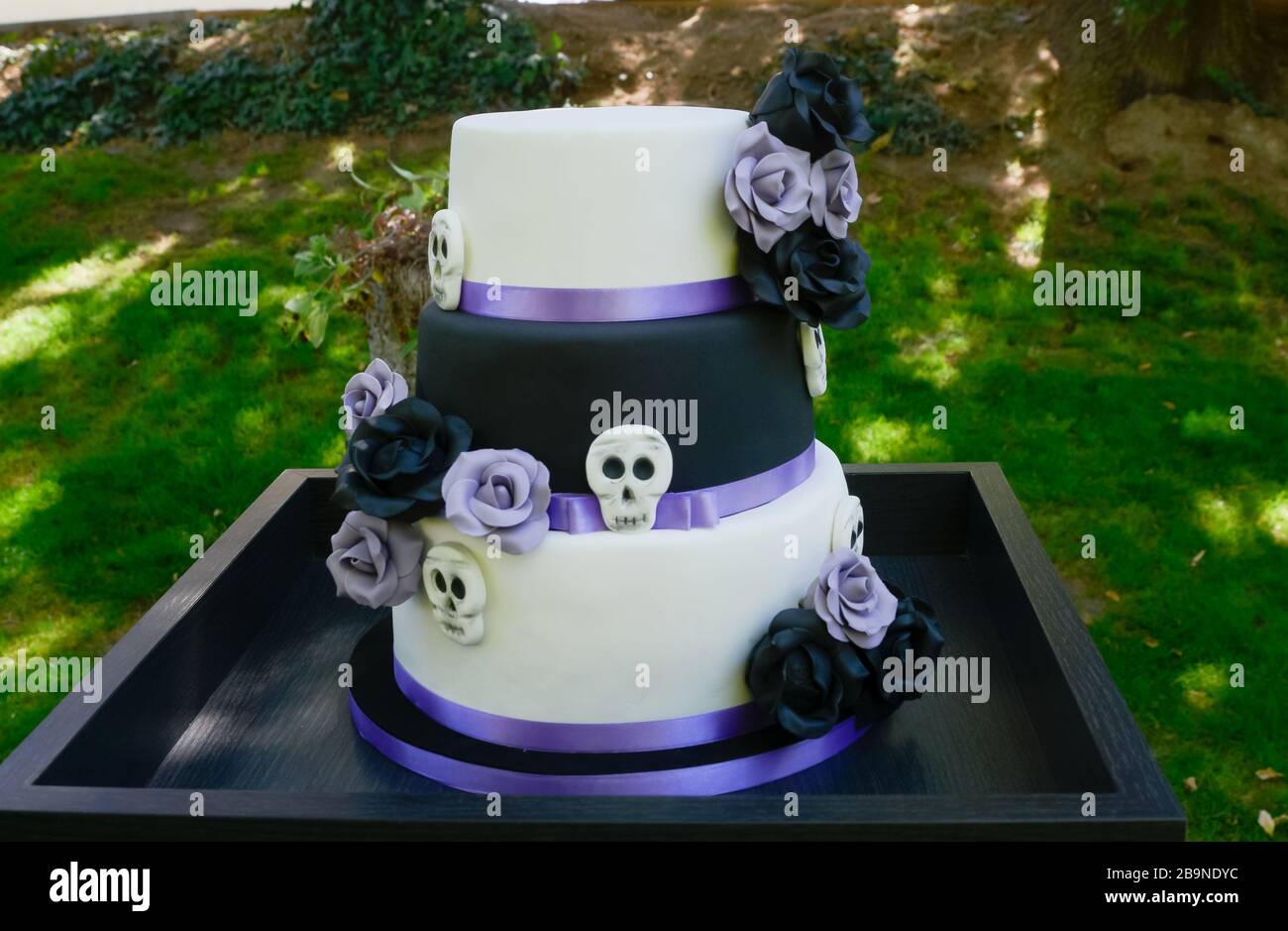 Bella torta nuziale all'aperto bianca, nera e viola decorata con fiori e  teschi Foto stock - Alamy