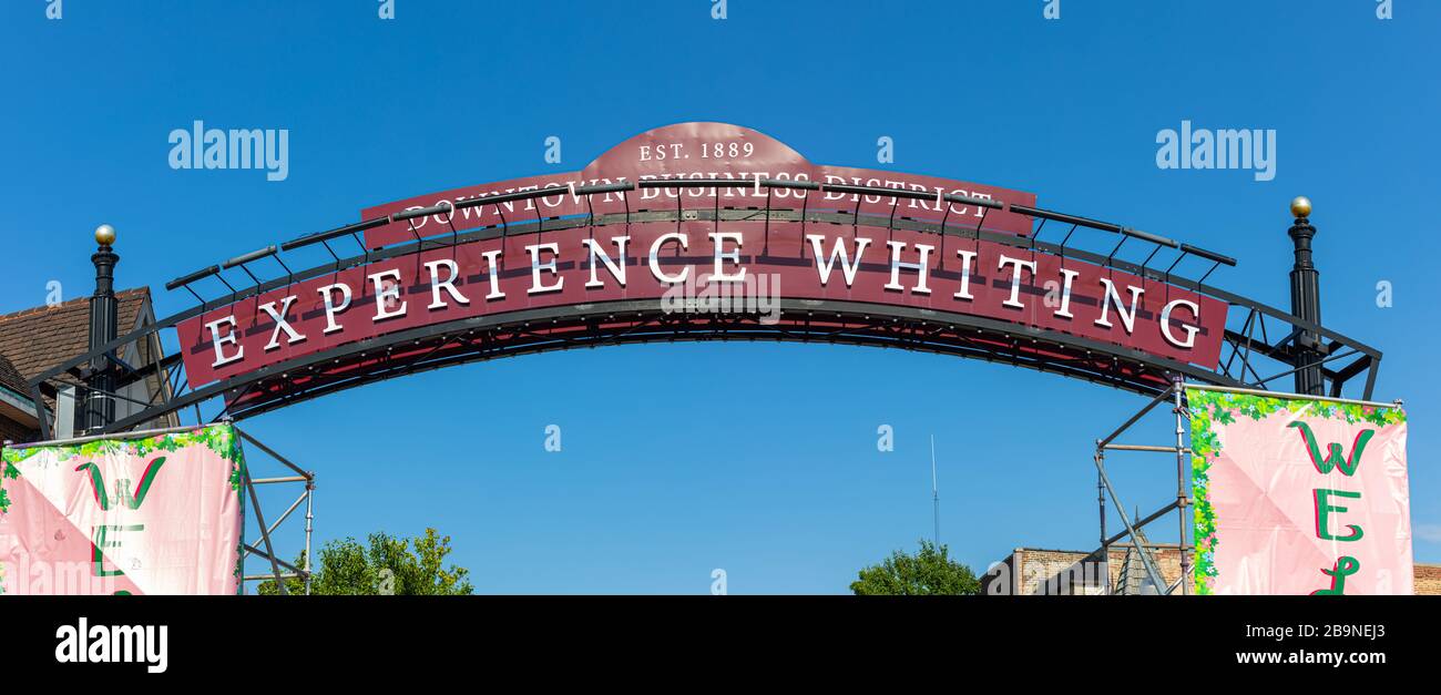 Whiting, Indiana, USA - 27 luglio 2019: Cartello che dà il benvenuto ai visitatori del centro turistico della città Foto Stock