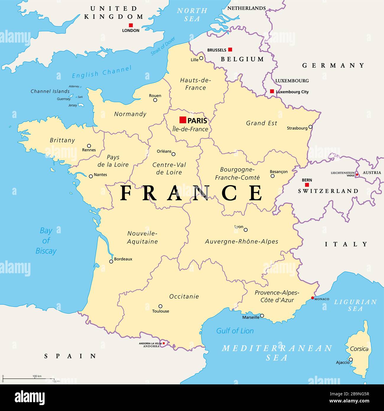 Francia, mappa politica. Regioni della Francia metropolitana. Repubblica  francese con capitale Parigi e 13 regioni amministrative sul continente  europeo Foto stock - Alamy