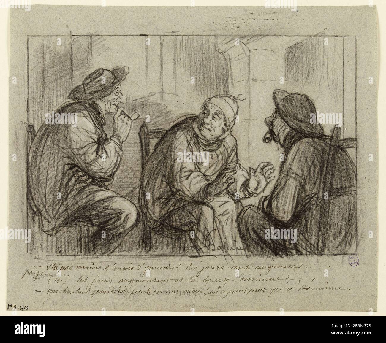 Blowin non da ultimo gennaio Jules-Jean-Antoine Baric (1830-1905). "V'là pas moins le mois de janvier". Crayon grafite sur papier bleu. Musée des Beaux-Arts de la Ville de Paris, Petit Palais. Foto Stock