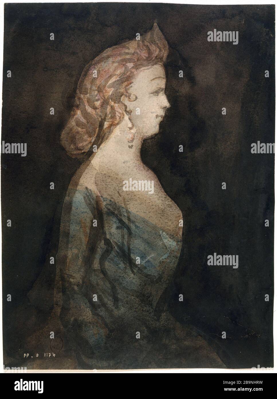 BUSTO DI DONNA PROFILO DESTRA Constantin Guys (1802-1892). "Buste de femme de profil à droite" (rousse, robe bleue décolletée, boucle d'oreille). Aquarelle et encre de Chine sur papier. Musée des Beaux-Arts de la Ville de Paris, Petit Palais. Foto Stock