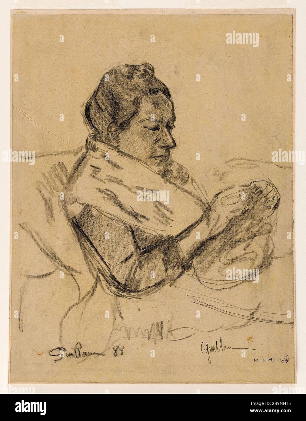 Donna CHE LEGGE Armand Guillaumin (1841-1927). "Femme lisant". Fusain sur papier blanc, 1888. Musée des Beaux-Arts de la Ville de Paris, Petit Palais. Foto Stock