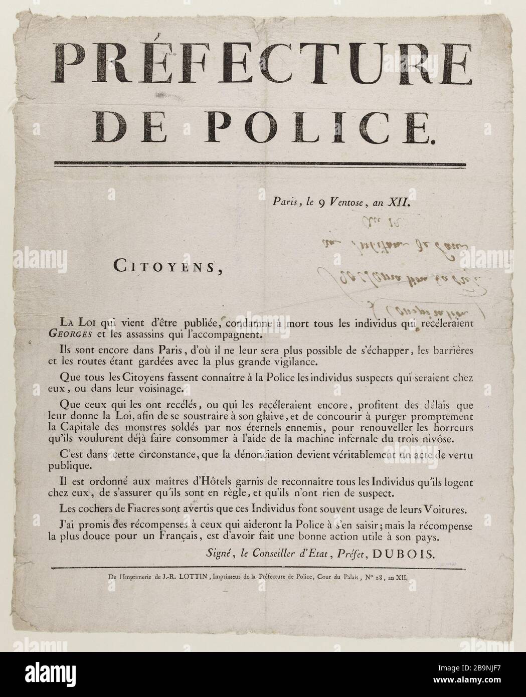 PREFETTURA POLIZIA PARIGI IL 9 VENTOSE ANNO XII CITTADINI, CHE LEGGE VIENE PUBBLICATO CONDANNATO A MORTE ANONYME. "Préfecture de Police, Paris le 9 ventôse an XII, Citoyens, la loi qui vient d'être publiée condamne à mort". Typographie. 1803. Parigi, musée Carnavalet. Foto Stock