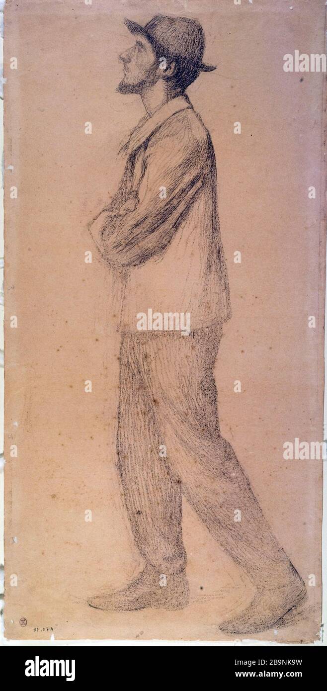 RITRATTO DELL'UOMO IN PIEDI, PROFILO A SINISTRA, CAMMINARE NELL'ARIA DEL NASO, VESTIRSI DI UN CAPPELLINO ROTONDO HENRI MARTIN (1860-1943). 'Portrait d'homme debout, de profil à gauche, marchant le nez en l'air, coiffé d'un petit chapeau rond'. Crayon noir sur papier bis, s.d. Musée des Beaux-Arts de la Ville de Paris, Petit Palais. Foto Stock