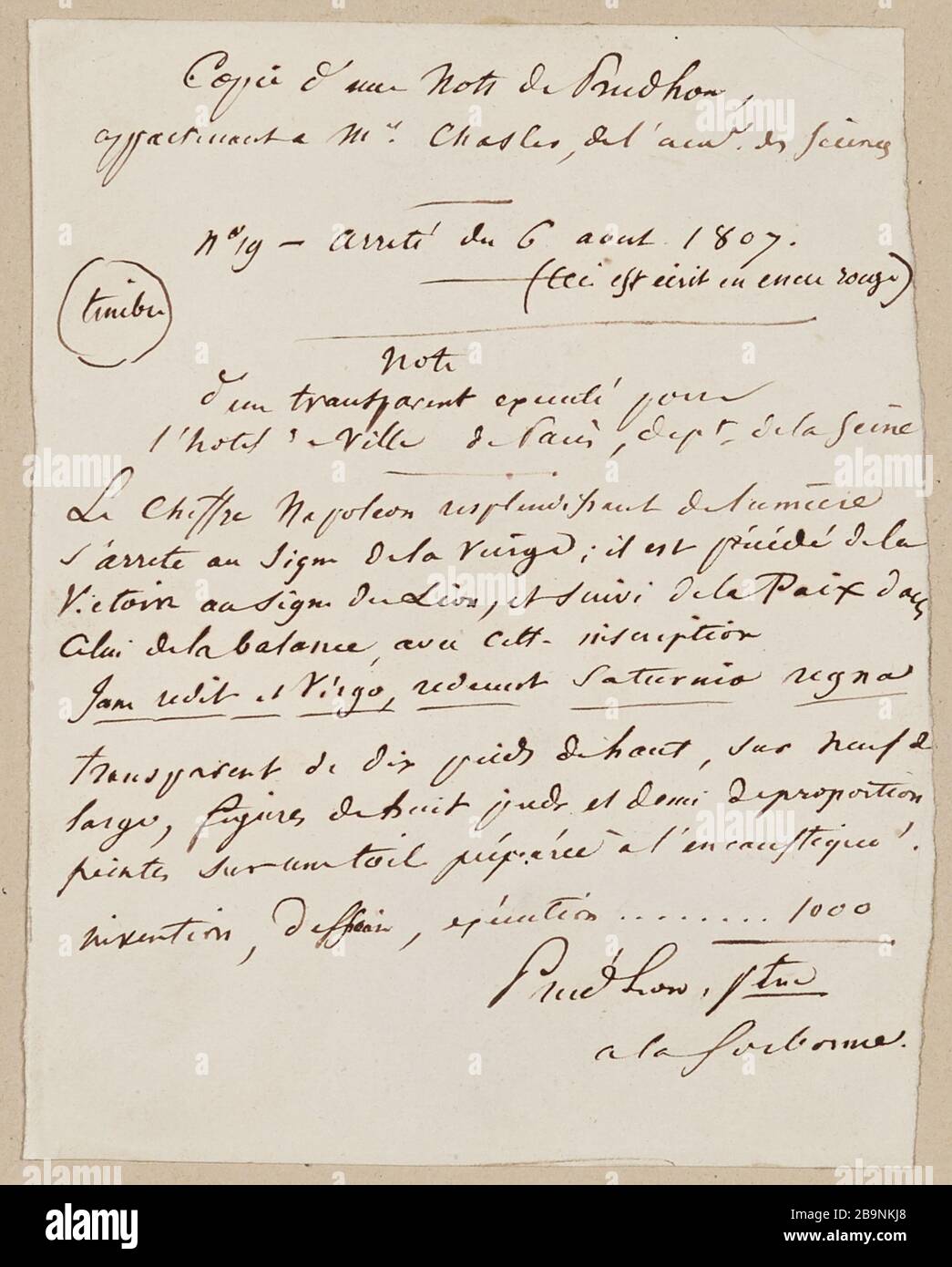 Copia una nota Prud'hon di proprietà del signor Charles Academy of Sciences Foto Stock