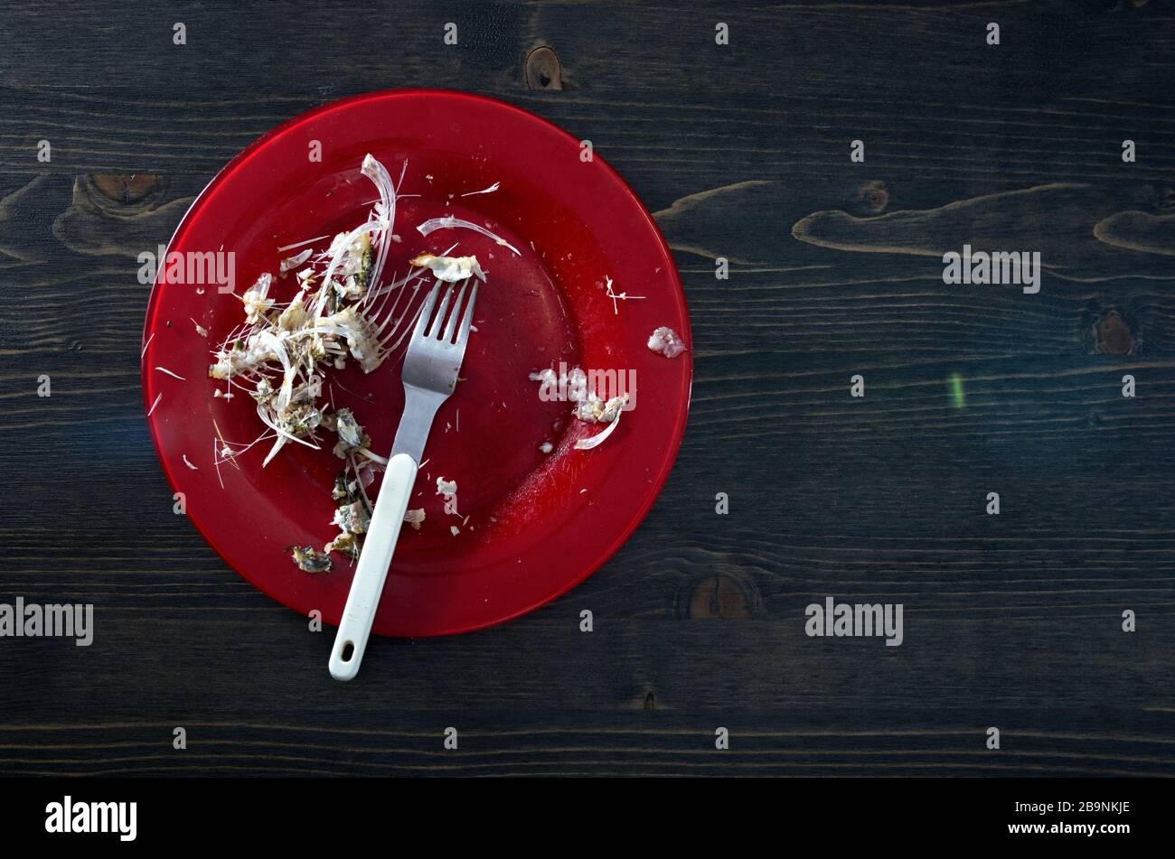 Pesce ossa su un unico piatto rosso. Sfondo tavolo in legno. Foto piatta dall'alto verso il basso con spazio per la copia Foto Stock