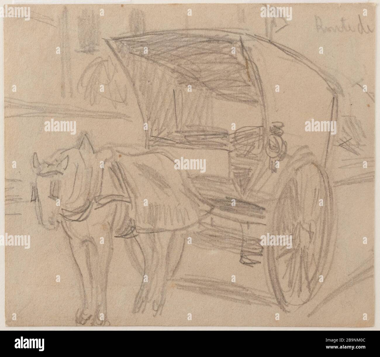 Carrello, SOLLEVARE IL COFANO, trainato da UN CAVALLO Alfred Sisley (1839-1899). "Carriole, la capote levée, attelée d'un cheval". Crayon noir sur papier, XIXe siècle. Musée des Beaux-Arts de la Ville de Paris, Petit Palais. Foto Stock