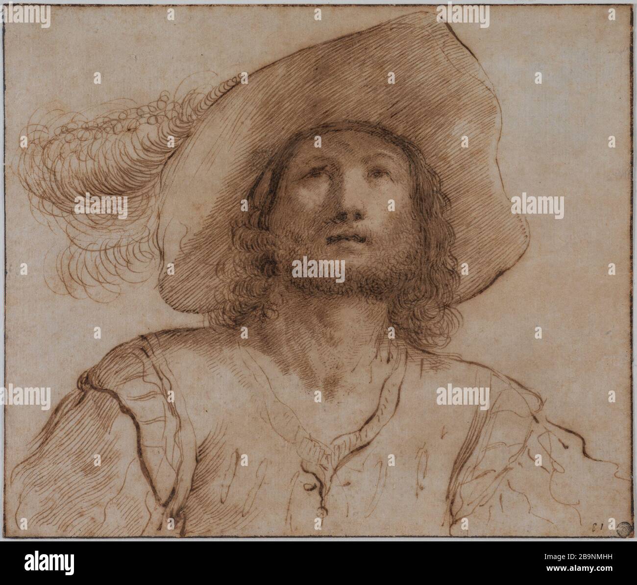 Busto di giovane con cappello piume le Guerchin (Giovanni Francesco Barbieri, dit il Guercino, dit) (1591-1666). "Buste de jeune homme au chapeau à plume". Plume et encre brune sur papier, XVIIème siècle. Musée des Beaux-Arts de la Ville de Paris, Petit Palais. Foto Stock