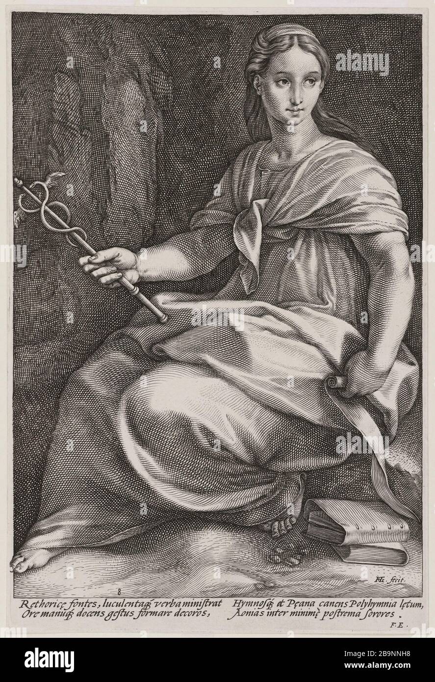 Le nove Muse: Polyhymnia. Ottavo in una serie di 9 pezzi. (Hollstein 155; Bartsch 153) Hendrik Goltzius (1561-1641). 'Les Neuf muses : Polymnie. Huitième numéro d'une suite de 9 pièces. (Hollstein 155; Bartsch 153)». Burin. 1592. Musée des Beaux-Arts de la Ville de Paris, Petit Palais. Foto Stock