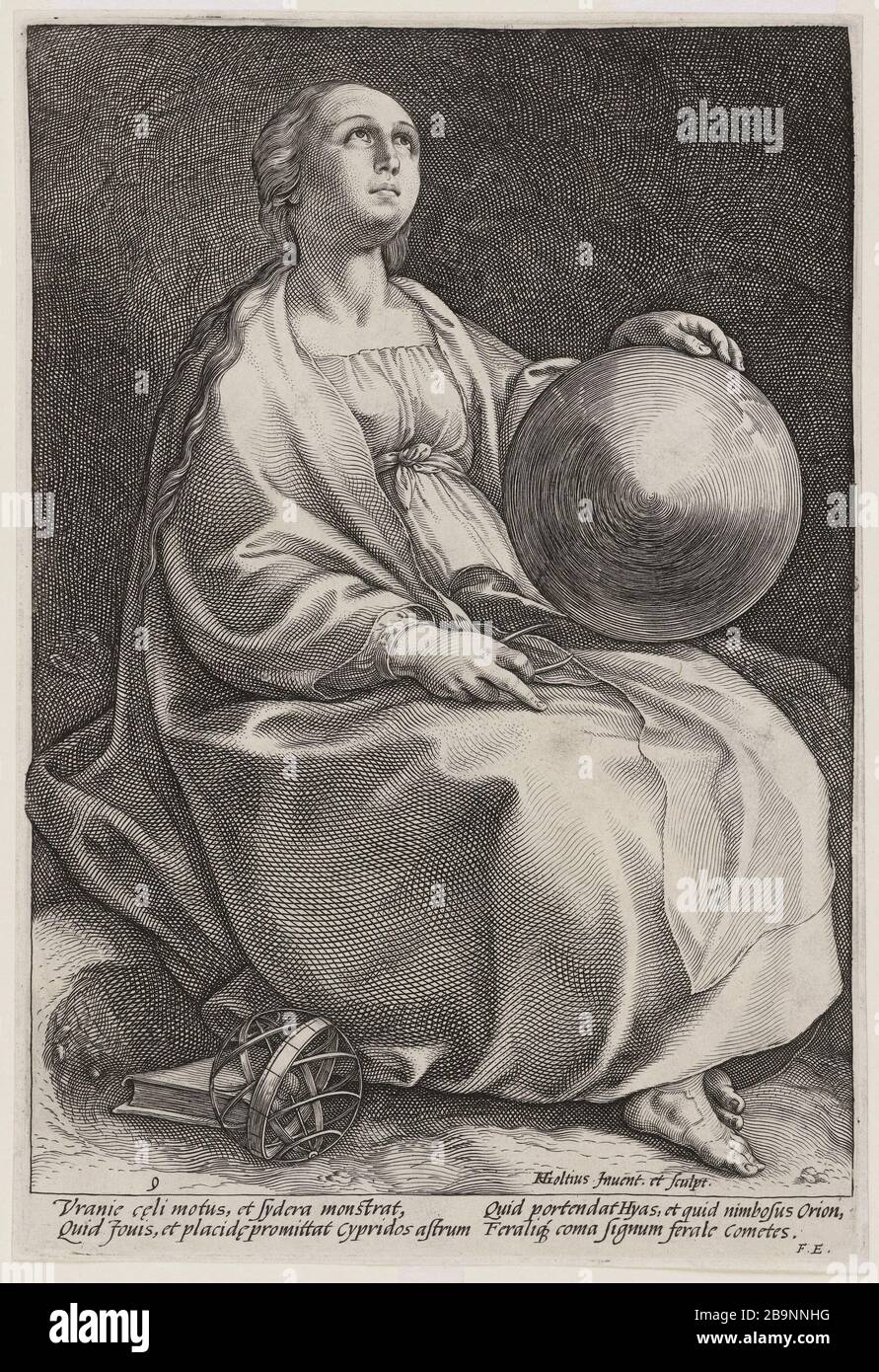 Le nove Muse: Urania. Nono numero di una serie di 9 pezzi. (Hollstein 156; Bartsch 154) Hendrik Goltzius (1561-1641). 'Les Neuf muses : Uranie. Neuvième numéro d'une suite de 9 pièces. (Hollstein 156; Bartsch 154)». Burin. 1592. Musée des Beaux-Arts de la Ville de Paris, Petit Palais. Foto Stock