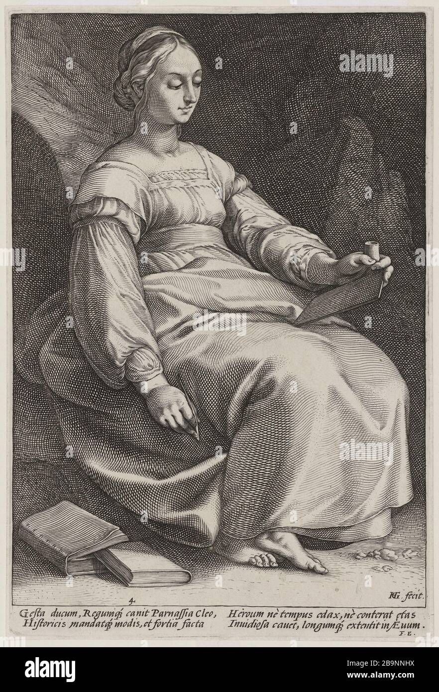 I nove Muse: Clio. Quarta edizione di una serie di 9 pezzi. (Hollstein 151; Bartsch 149) Hendrik Goltzius (1561-1641). 'Les Neuf muses : Clio. Quatrième numéro d'une suite de 9 pièces. (Hollstein 151; Bartsch 149)». Burin. 1592. Musée des Beaux-Arts de la Ville de Paris, Petit Palais. Foto Stock