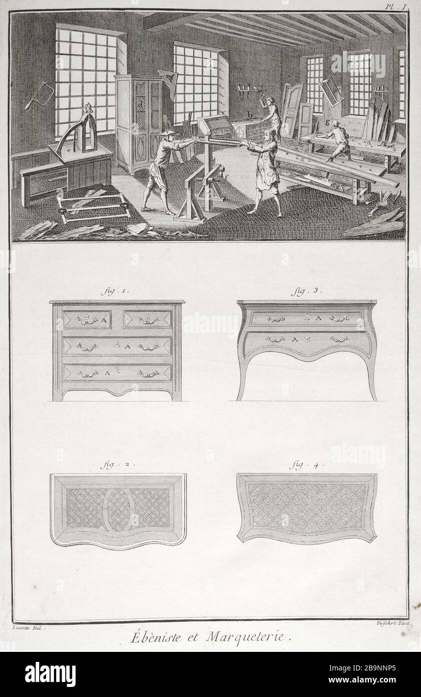 L'ENCICLOPEDIA DI DIDEROT - LABORATORIO CABINETTMAKER Denis Diderot et Jean le Rond d'Alembert. "L'Encyclopédie ou Dictionnaire raisonné des sciences, des Arts et des métiers par une société de Gens de lettres, 1771 - Recueil de planches sur les sciences; les Arts libéraux et les Arts méchaniques avec leur explication - Tome IV/ planche 1 : atelier d'ébéniste". Musée des Beaux-Arts de la Ville de Paris, petit Palais. Foto Stock