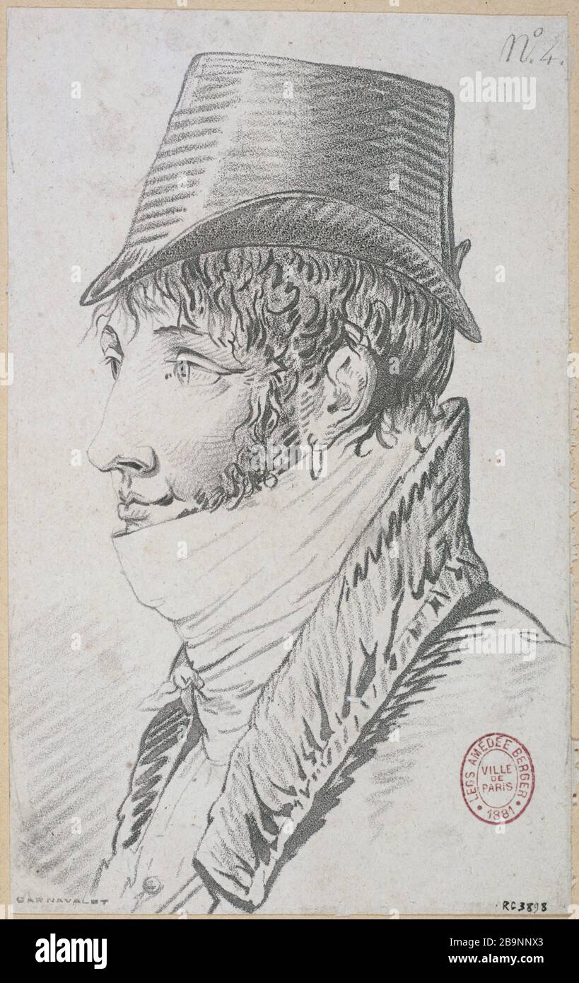 Teste serie e acconciature moderne [testa uomo dal 3/4 al cappello superiore sinistro] Philibert-Louis Debucourt (1755-1832). "Recueil de têtes et coiffures modernes". Gravure (manière de crayon, aquatinte). Parigi, musée Carnavalet. Foto Stock