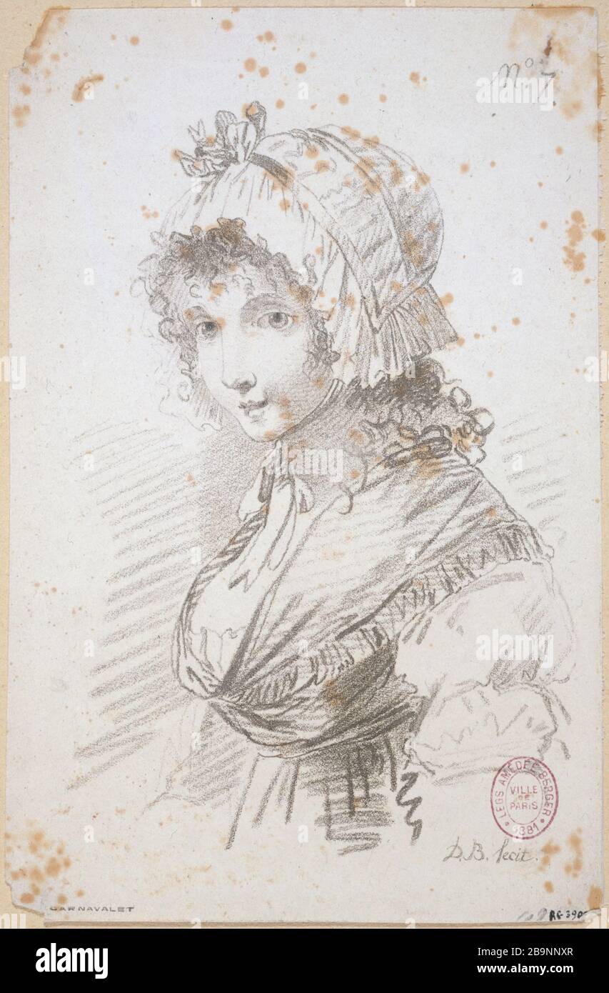 Teste serie e acconciature moderne [girl half-length 3/4 left, tape cap] Philibert-Louis Debucourt (1755-1832). "Recueil de têtes et coiffures modernes". Gravure (manière de crayon, aquatinte). Parigi, musée Carnavalet. Foto Stock
