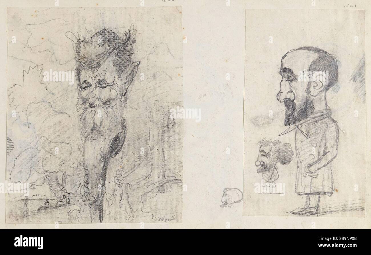 Ritratto-carica di un barbuto con un parco sullo sfondo (Berthoud) | due ritratti-carica profilo Foto Stock