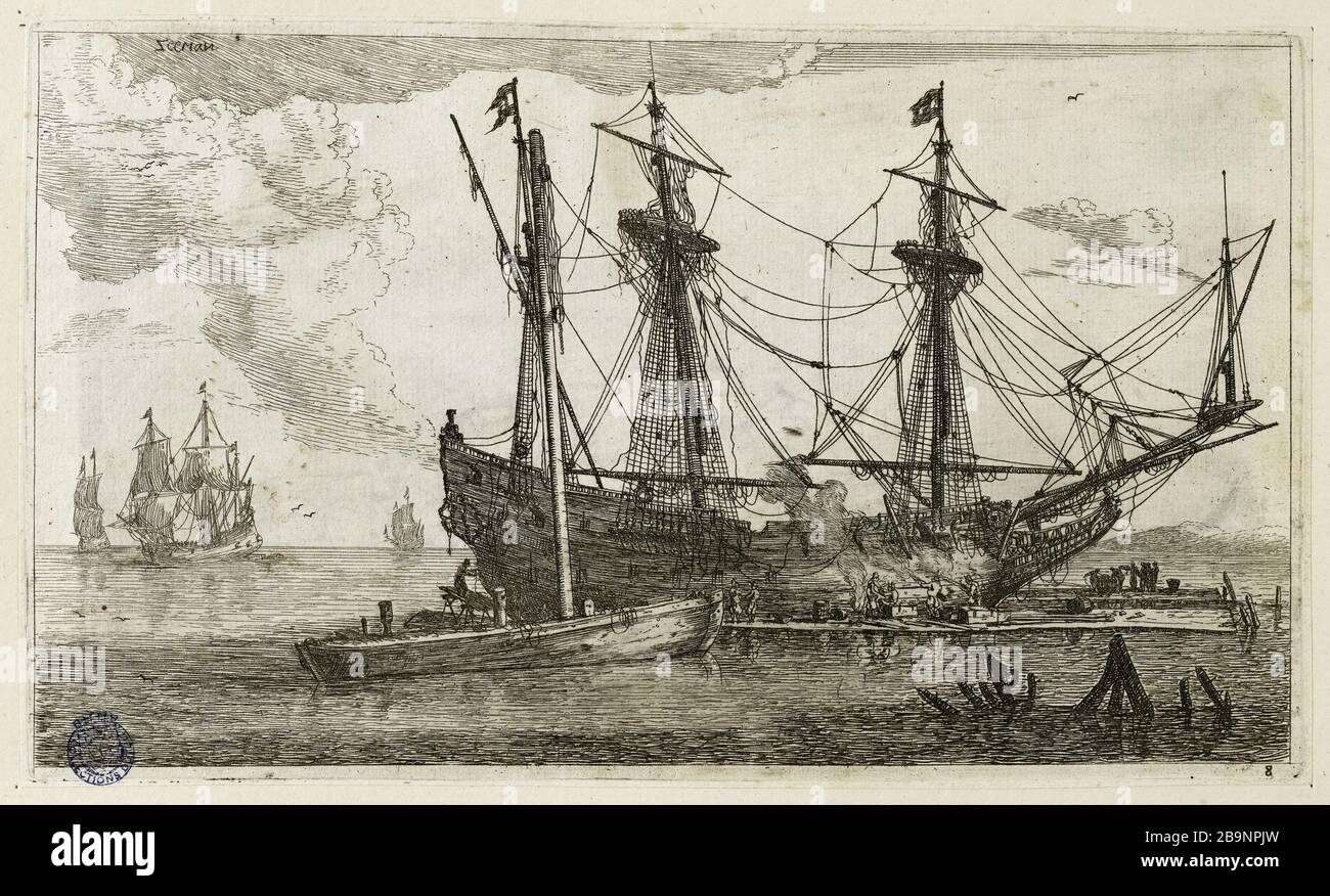 Diverse navi e navi mercantili 8: Una nave mercantile in carenatura (Hollstein 95) Renier Zeeman (1623-1667). Plusieurs vaisseaux et navige-marchands n°8 : un navige-marchand en calfatage (Hollstein 95). Eau-forte, 1652. Musée des Beaux-Arts de la Ville de Paris, Petit Palais. Foto Stock