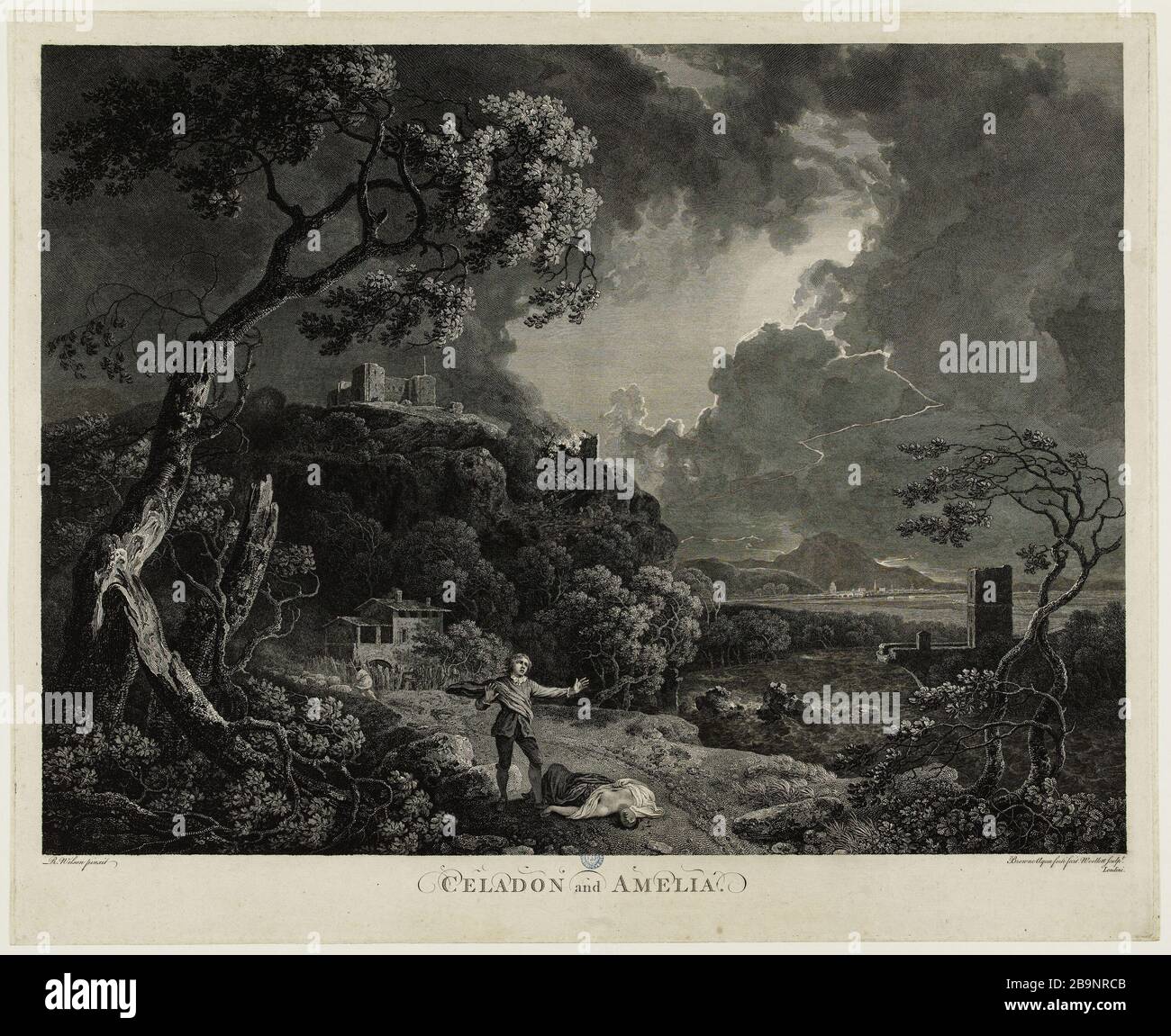 Celadon e Amelia da R.Wilson, terzo stato William Woollett (1735-1785) e John Browne (1741-1801). "Céladon et Amélie" (3ème état), d'après Richard Wilson. Gravure (eau-forte, burin). 1766. Musée des Beaux-Arts de la Ville de Paris, Petit Palais. Foto Stock