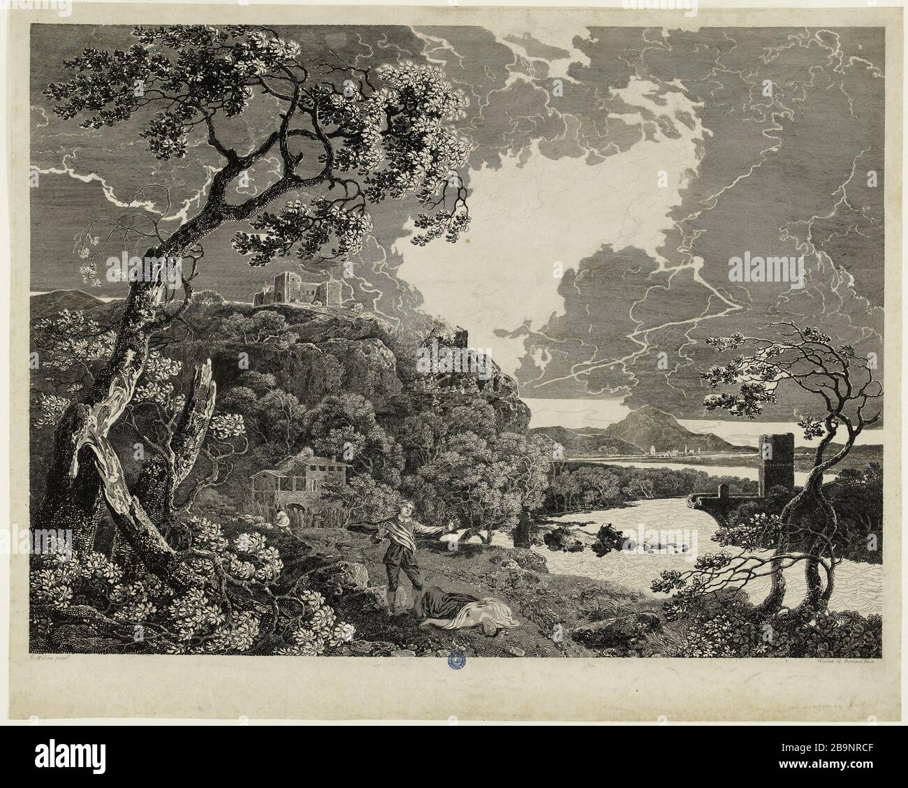 Celadon e Amelia da Wilson, primo stato William Woollett (1735-1785) e John Browne (1741-1801). Céladon et Amélie (1er état), d'après Richard Wilson. Gravure (eau-forte). 1766. Musée des Beaux-Arts de la Ville de Paris, Petit Palais. Foto Stock