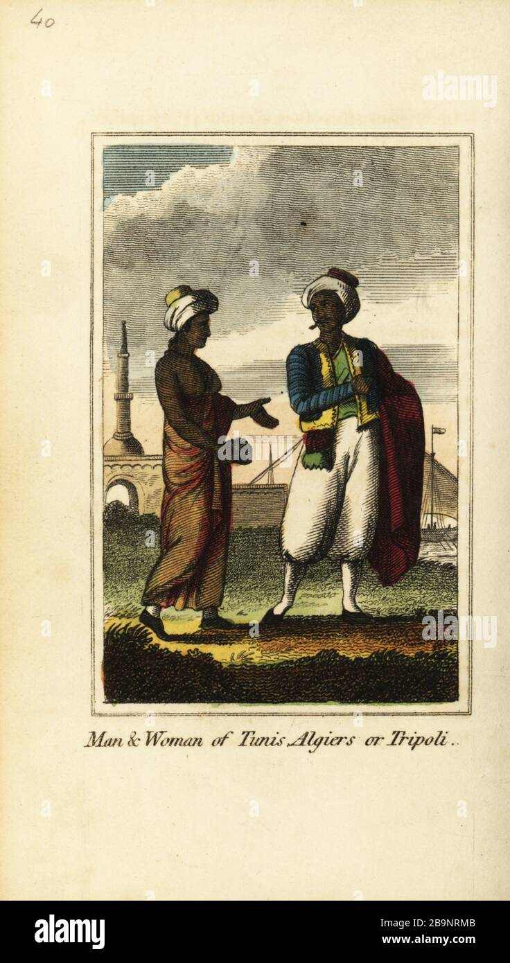 Uomo e donna di Tunisi, Algeri o Tripoli, 1818. Incisione su copperplate a mano da un presente geografico di Mary Anne Venning descrizioni dei principali Paesi del mondo, Darton, Harvey e Darton, Londra, 1818. Venning scrisse libri educativi su geografia, conchologia e mineralogia all'inizio del XIX secolo. Foto Stock