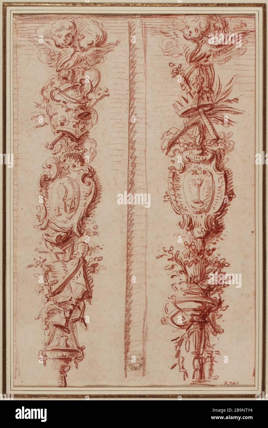 Due emblemi religiosi trofei, rilievi per il perimetro del coro della Madonna Foto Stock