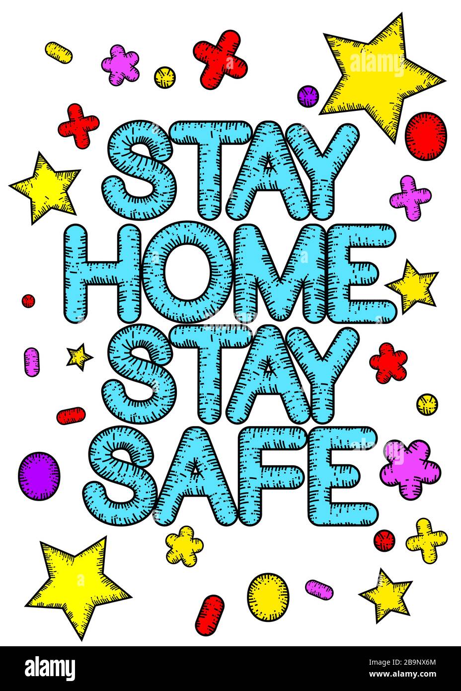 Stay Home Stay Safe segno con lettere cartoonish. Illustrazione astratta del vettore. Illustrazione Vettoriale