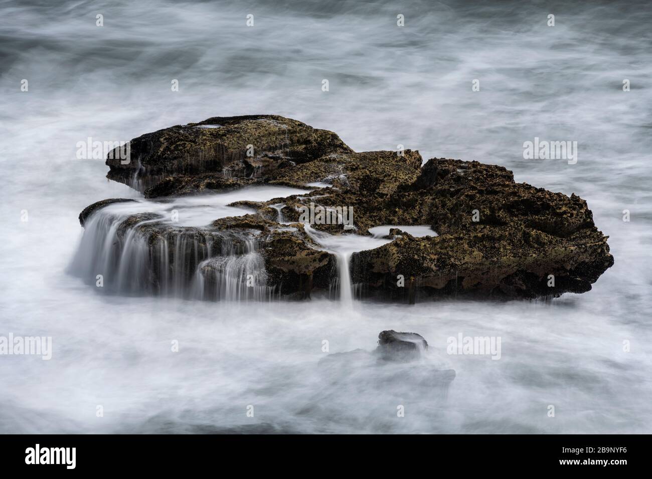 Roccia coperta in acqua di mare dopo un'onda cullata su di esso a rocce di Pancake, Nuova Zelanda. Punakaiki è una piccola comunità sulla costa occidentale dell'Isla meridionale Foto Stock