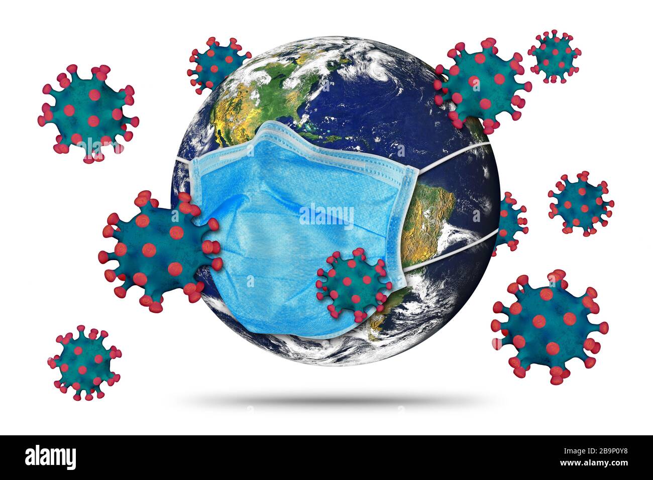 Globo mondiale di terra di coronavirus con maschera facciale respiratore blu. Virus corna epidemia globale epidemia pandemica prevenzione medica concetto isol Foto Stock