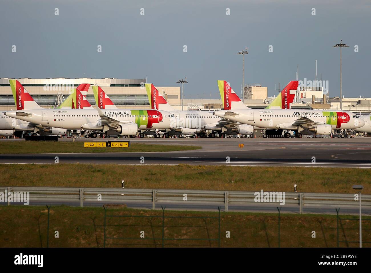 Lisbona, Lisbona. 24 Marzo 2020. I velivoli di TAP Air Portugal si siedono all'Aeroporto di Humberto Delgado nel mezzo della diffusione del COVID-19, a Lisbona, Portogallo, il 24 marzo 2020. COVID-19, causato dal nuovo coronavirus, ha infettato 2,362 persone e ha ucciso 33 persone in Portogallo, secondo le ultime autorità sanitarie. Credit: Pedro Fiuza/Xinhua/Alamy Live News Foto Stock
