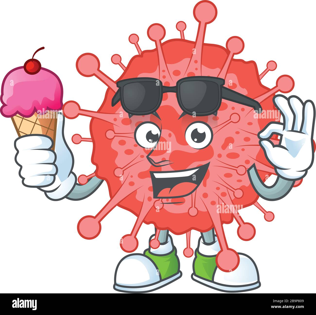 personaggio cartoon di coronavirus disastro godendo di un gelato Illustrazione Vettoriale