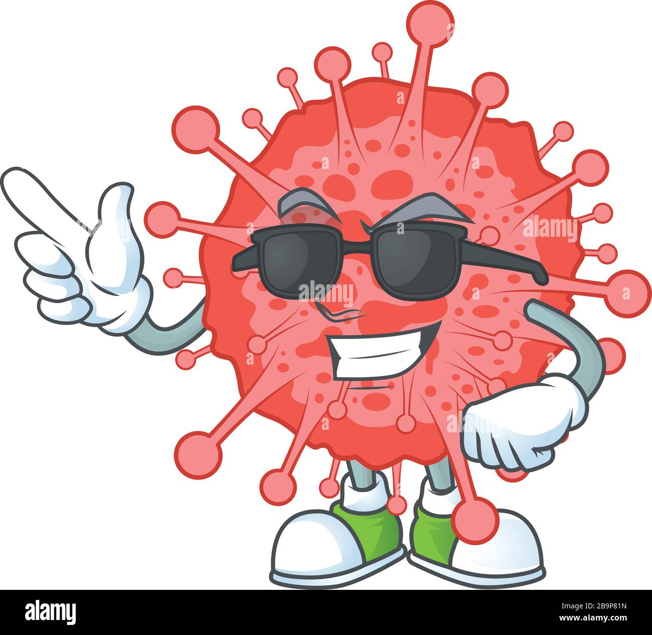 Carino incoronavirus disastro cartone animato stile di carattere con occhiali neri Illustrazione Vettoriale