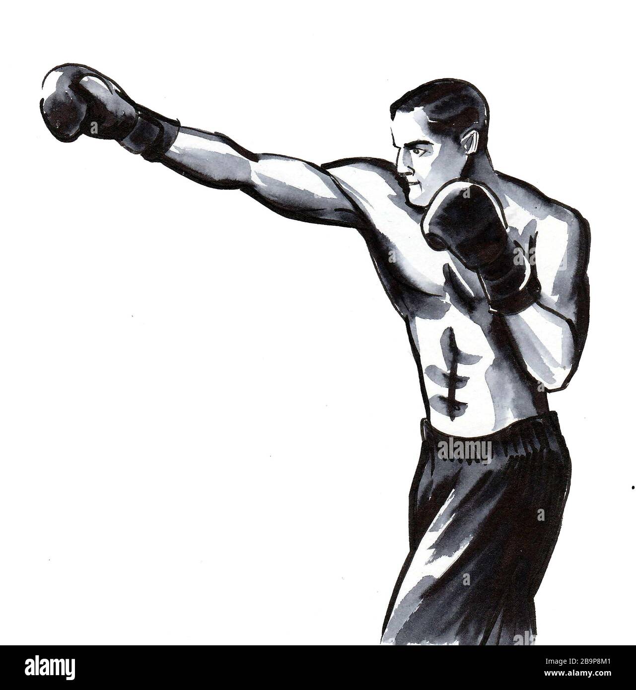 Atleta di boxe. Disegno a inchiostro e acquerello Foto Stock