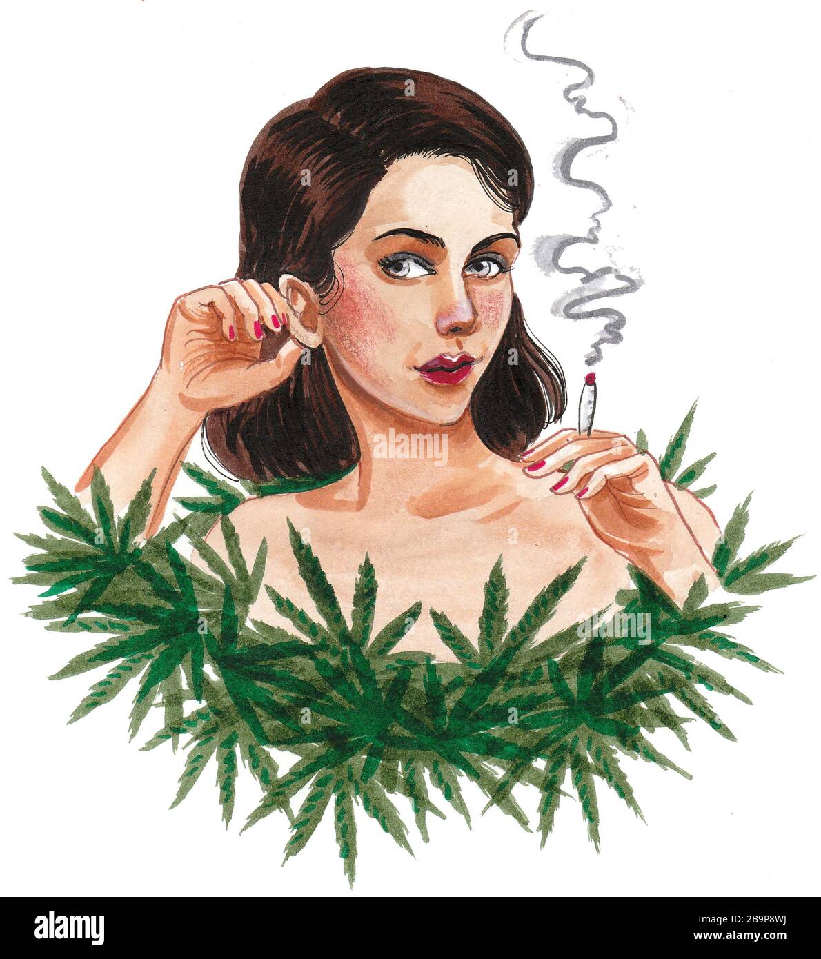 Bella donna che fuma marijuana. Disegno con inchiostro e acquerello Foto Stock