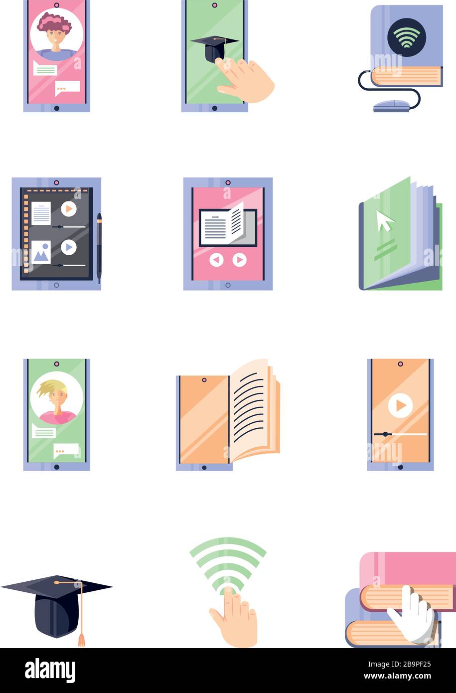 set di icone online istruzione, tecnologia didattica disegno di illustrazione vettoriale Illustrazione Vettoriale